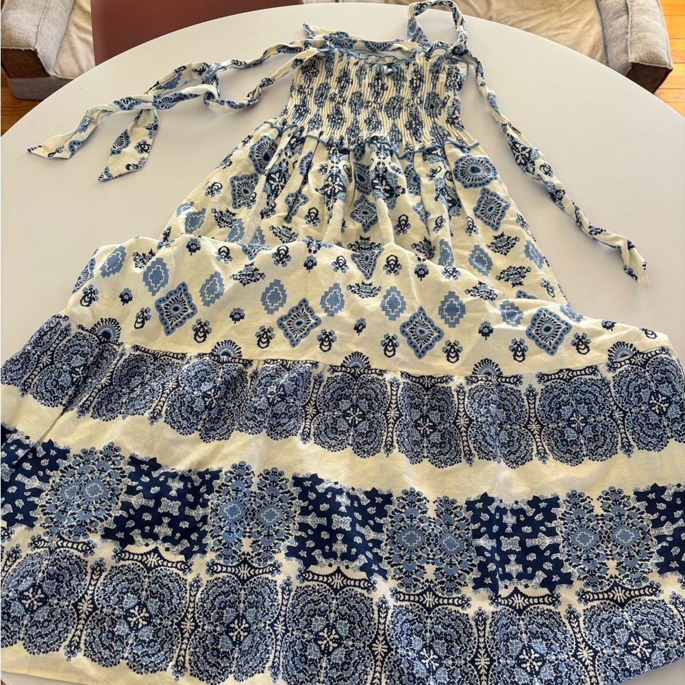 Zara Cream and Blue Smocked Dress with Floral Print
